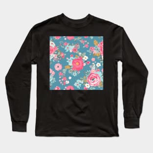 Pink and Blue Shabby Chic  Floral Flowers, Pretty Feminine Pattern on Blue Background Long Sleeve T-Shirt